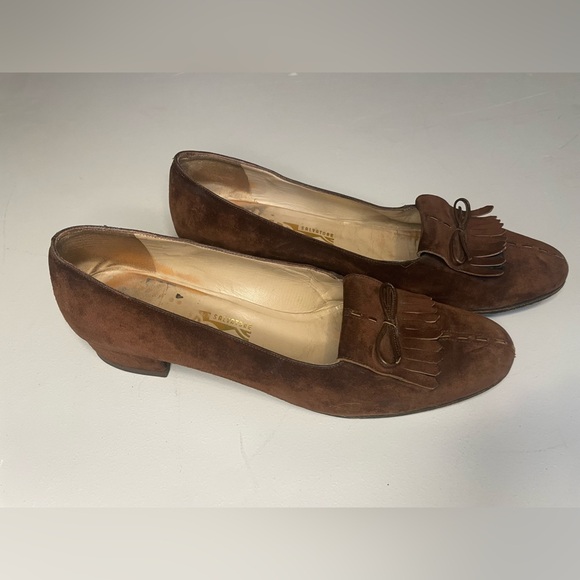 Salvatore Ferragamo Vintage Brown Suede Women’s Loafer Heel Fringe Bow Size 9 - Picture 3 of 16